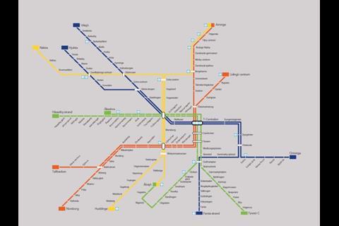 A map showing the Stockholm metro network with all the proposed extensions and the new Yellow Line.